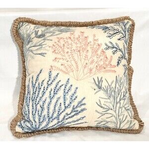 Coral Embroidered Sequined Throw Accent Pillow Cushion Blue
